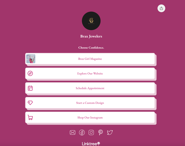 Ejemplo de Linktree de Brax Jewelers